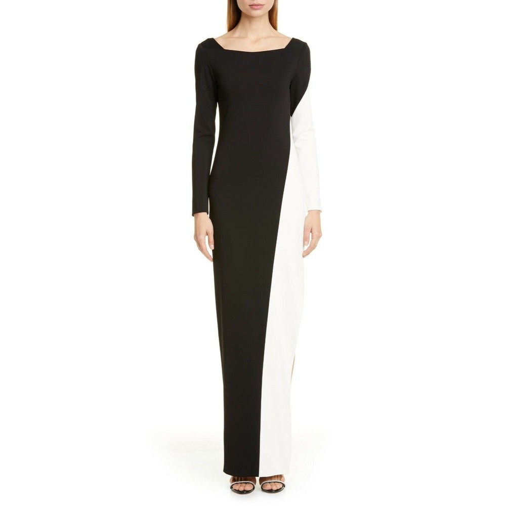 HANEY Black White Long Sleeve Square Bateau Neck Colorblock High Slit Gown 10 US